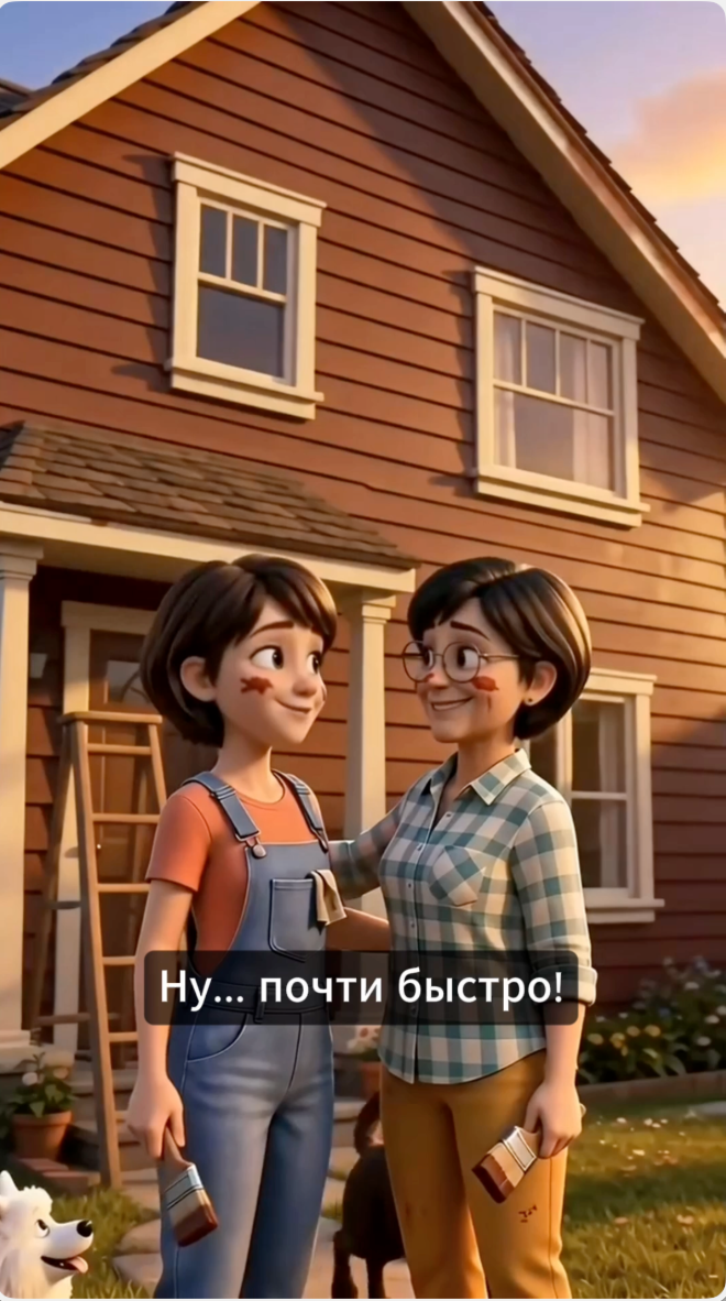 Покрашенный дом на закате, героини перепачканы краской